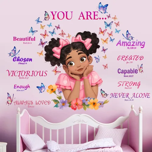 Miniatura 7 de Adhesivos de pared para dormitorio para niñas negras: calcomanías de moda de mariposas afroamericanas de pelar y pegar - decoración de arte