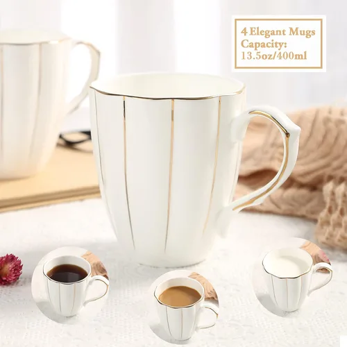 Miniatura 5 de DUJUST Juego de 4 tazas de café (13.5 onzas), diseño británico de lujo con adornos dorados hechos a mano, juego de tazas de porcelana blanca