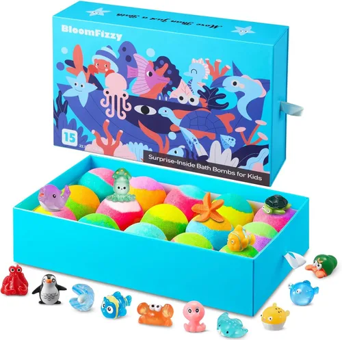 Sea Surprise Bombas de Baño para Niños – Paquete de 15 Unidades Efervescentes con Juguetes Ocultos del Océano, Suaves y Perfumadas, Seguras para