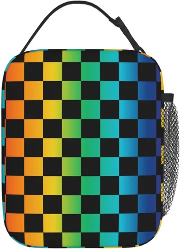 Miniatura 3 de Bolsa de almuerzo a cuadros negra y arco iris, portátil, reutilizable, con cremallera, para picnic, trabajo, oficina, viajes, escuela