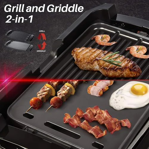 Miniatura 2 de Secura Plancha Eléctrica sin Humo para Interiores de 1800 Vatios con Placas Reversibles 2 en 1 de Parrilla y Plancha, Tapa de Vidrio, Bandeja
