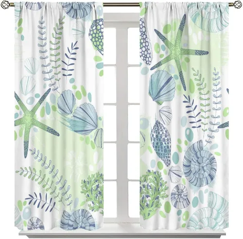 Miniatura 3 de Cortinas de decoración de playa con océano azul, peces náuticos costeros playeros de verano, conchas marinas, temática infantil, dormitorio, sala