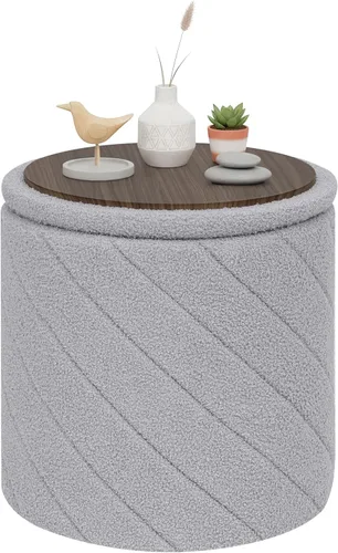 Miniatura 9 de PINPLUS Otomana con Stroage redondo Boucle otomana y bandeja Sherpa extraíble pie taburete mesa de café para dormitorio, sala de estar, negro, 16.9