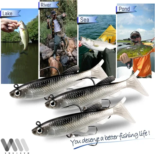 Miniatura 4 de Señuelos de pesca suaves, cebos de sábalo y pececillo, señuelos de cola de paleta con cabeza de plantilla premontada para lubina, trucha