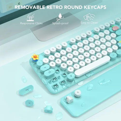 Miniatura 4 de Teclado inalámbrico, teclas redondas, teclado de máquina de escribir retro con reposamuñecas desmontable, modo de suspensión, patas plegables, Azul