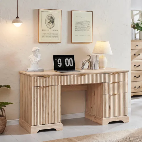 Miniatura 14 de JXQTLINGMU Escritorio ejecutivo moderno de 58 pulgadas con almacenamiento, escritorio de madera para oficina en casa con 5 cajones y 1 gabinete