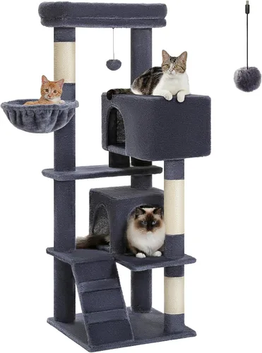 Miniatura 10 de Árbol para gatos de interior, 2 acogedores condominios con espaciosa percha superior, torre para gatos de varios niveles de 56.3 pulgadas con postes