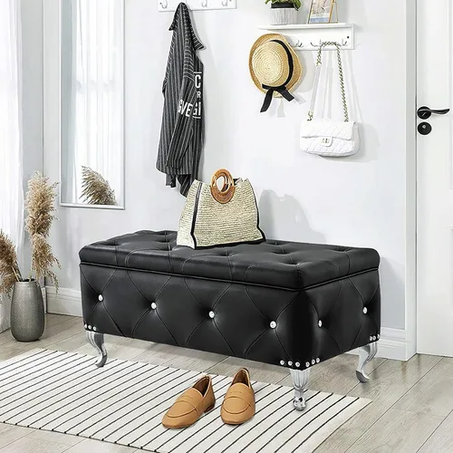 Miniatura 5 de DRM'SCUUM Juego de banco otomano de almacenamiento grande de piel sintética, taburetes para sala de estar, dormitorio, con 2 otomanas tapizadas