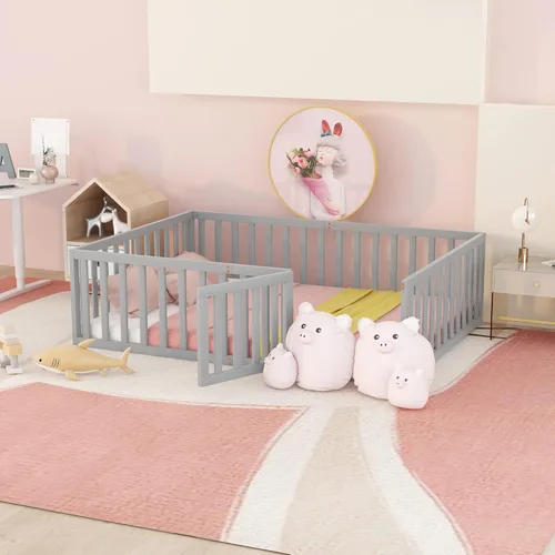 Miniatura 18 de MERITLINE Base de cama de tamaño individual para niños, cama de madera para niños con valla, cama Montessori con puerta, para niños mayores de 6