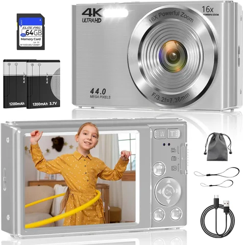 Miniatura 10 de Cámara digital, cámara de enfoque automático 4K para fotografía con tarjeta de 64GB, cámara digital compacta portátil de 44MP para adolescentes