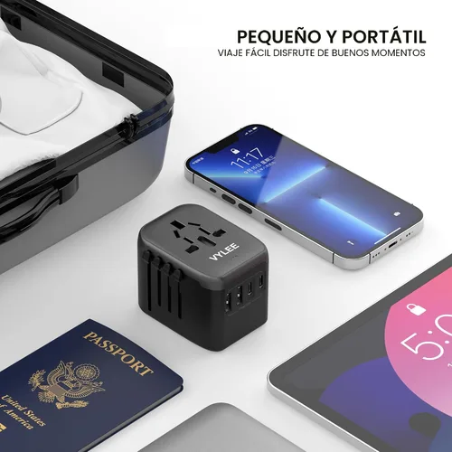 Miniatura 3 de VYLEE - Adaptador de viaje universal, adaptador de corriente internacional 5 en 1, cargador de pared 3.5A 2xUSB-A y 2 USB C, enchufe esencial