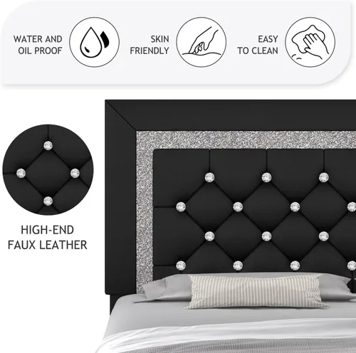 Miniatura 6 de Base de cama individual, plataforma de piel sintética con cabecera tapizada de diamante, base de colchón con fuerte soporte de listones de madera