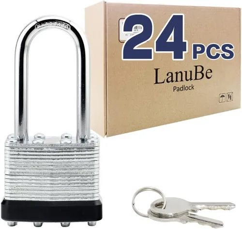 Miniatura 11 de LanuBe Candado laminado de 1-9/16 pulgadas (1.575 in) de largo grillete paquete de 2 llaves iguales, aro de plástico azul, cerraduras a granel