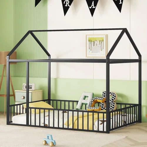 Miniatura 11 de Bellemave Cama de Piso Montessori Tamaño Twin, Marco de Cama Casa de Metal para Niños, Camas de Piso Montessori con Cerca, Blanco