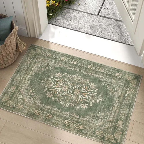 Miniatura 167 de Jinchan Fiora - Alfombra redonda de 8 pies, alfombras vintage con diseño floral envejecido, lavable a máquina, antideslizante, de pelo bajo, Azul