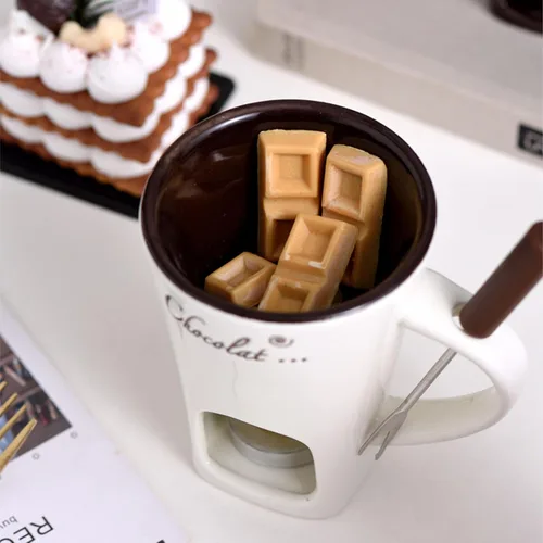 Miniatura 2 de Taza de fondue de chocolate, taza de cerámica para fondue, taza calentadora de café con tenedor de acero inoxidable para queso, mantequilla (blanco)