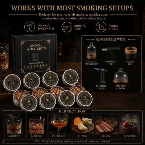 Miniatura 6 de Chips de madera para ahumar cócteles y whisky, juego de repuesto de chips de madera de 8 sabores en latas de aluminio para kit de ahumador