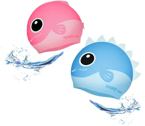 Gorro de natación para niños, cabeza de animal, de silicona, divertido diseño de tiburón, azul y rosa, para cabello largo y corto, para niños y niñas