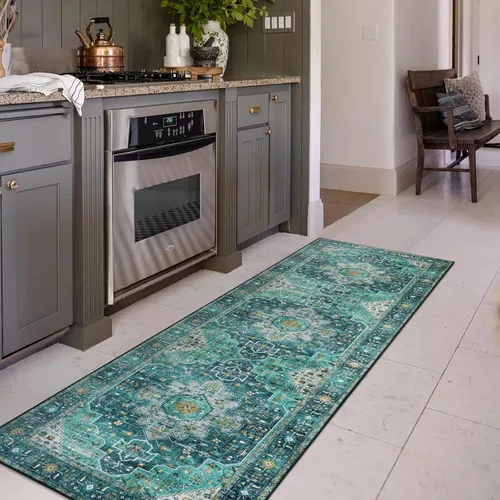 Miniatura 47 de Moynesa Alfombra de pasillo ultra fina lavable de 2 x 6 pies, antideslizante, resistente a las manchas, alfombra vintage que no desprende para Gris