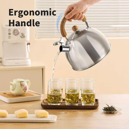 Miniatura 5 de Hervidor de té de acero inoxidable 18/8 para estufa (2L / 2.1 cuartos, tetera silbante, mango de madera) - Plateado
