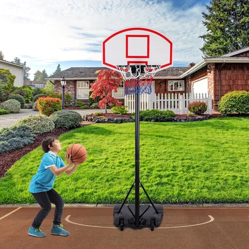 Miniatura 9 de JupiterForce Aro de baloncesto para niños, portería de baloncesto portátil de altura ajustable de 5.5 a 7 pies con tablero y ruedas de 28 pulgadas