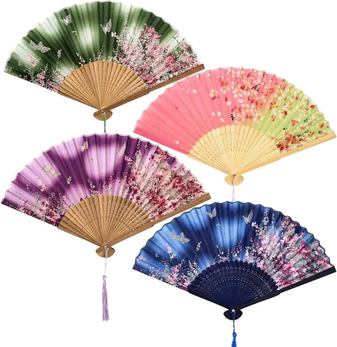 JOHOUSE 4 abanicos plegables de tela floral con borla, elegantes abanicos de boda para invitados, ventilador plegable chino, ventilador de mano