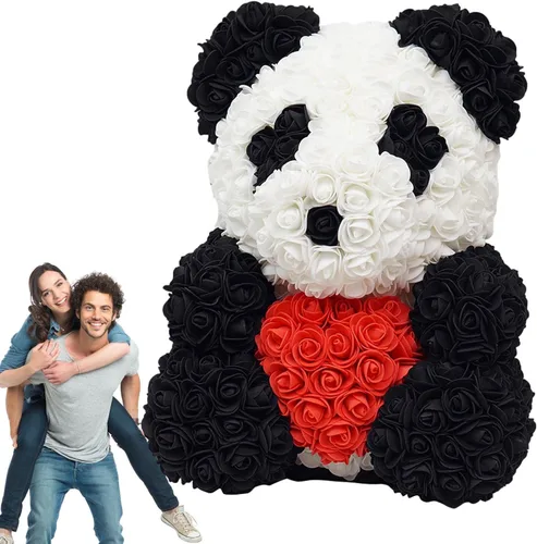 Miniatura 7 de Oso de flores para San Valentín, oso panda de flores artificiales con moño/decoración de corazón, muñeca panda hecha a mano para el día de San