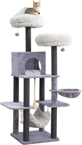 Catry Bradbury - Árbol para gatos moderno de 7 niveles y 62.5 pulgadas con postes rascadores reemplazables, condominio grande, dos camas lavables,