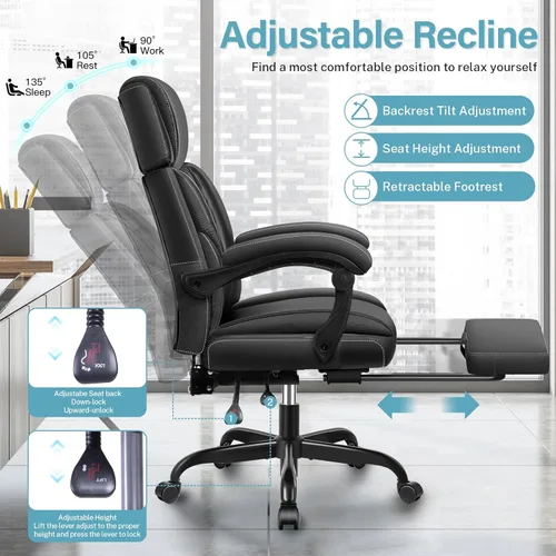Miniatura 5 de Silla de oficina ejecutiva de cuero, silla de oficina grande y alta con reposapiés, sillas de escritorio de oficina en casa, silla de escritorio