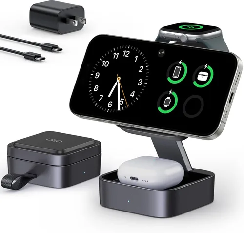 UEQ Estación de carga inalámbrica 3 en 1 para dispositivos Apple, compatible con soporte de cargador MagSafe, cargador inalámbrico magnético