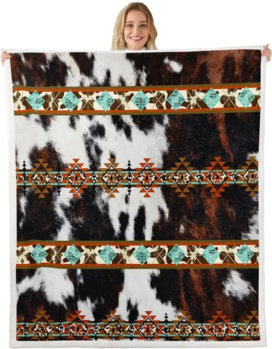Miniatura 32 de Erosebridal Manta de forro polar de piel de vaca con estampado de leopardo marrón, manta occidental de 50 x 60 pulgadas, manta con estampado de vaca