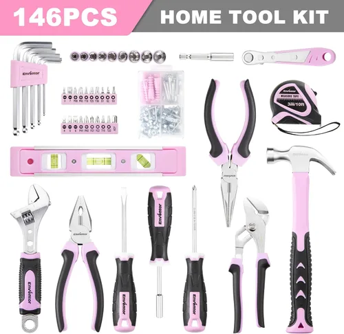 Miniatura 3 de Enventor Juego de herramientas rosas para mujeres, kit de herramientas manuales para el hogar general de 146 piezas con caja de herramientas