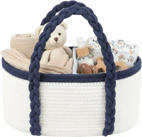 Organizador de pañales portátil para cambiador, regalos de baby shower, artículos esenciales para recién nacidos, cuerda de algodón, cesta de Blanco