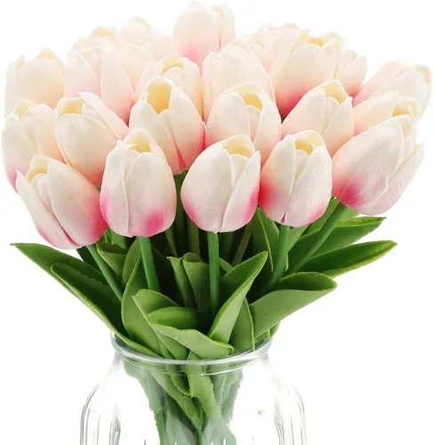 IPOPU 24 piezas de tulipanes rosados artificiales, tulipos rosados claros artificiales, flores falsas para arreglos de flores de tulipán, decoración