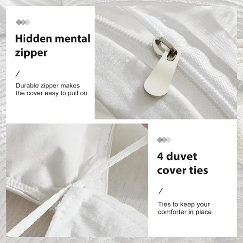 Miniatura 6 de WARMDERN Juego de funda de edredón bohemio tamaño individual, juego de ropa de cama de microfibra a rayas blancas, 2 piezas, ultra suave, Blanco