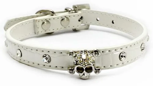 Miniatura 5 de Collar de piel con diamantes de imitación de cráneo y diamantes de imitación de piel para mascotas pequeñas para perros y gatos (XS, negro)