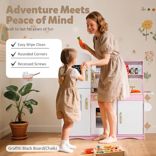 Miniatura 4 de TODEFULL Juego de cocina de madera para niños, modernos juegos de cocina de madera con estufa de cocina, horno, microondas y máquina de hielo