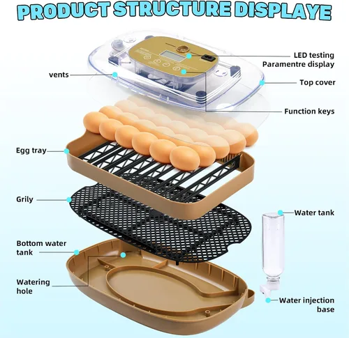Miniatura 6 de Ploomi Incubadora de 24 huevos con recarga automática de agua y control de humedad, girador automático de huevos, vela LED integrada, preprogramas