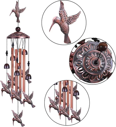 Miniatura 2 de Campanillas de viento de colibrí para jardín, decoración al aire libre, con 4 tubos, 6 campanas, 7 colibríes, captador de viento romántico