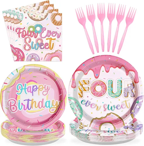 Miniatura 25 de 96 piezas de suministros para fiesta de cumpleaños Two Sweet de donas, decoraciones de fiesta Two Sweet, platos de donas, servilletas, tenedores