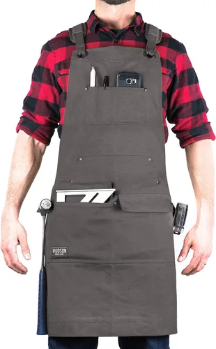 Miniatura 12 de Hudson Durable Goods Delantal de trabajo de lona encerada de alta resistencia con bolsillos para herramientas (negro), correas cruzadas en la Gris