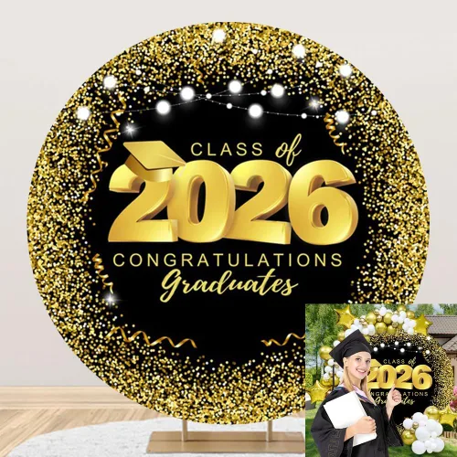 Cubierta de fondo redonda de graduación para clase de 2025, telón de fondo redondo negro y dorado, decoración de fiesta de graduación, cubierta de