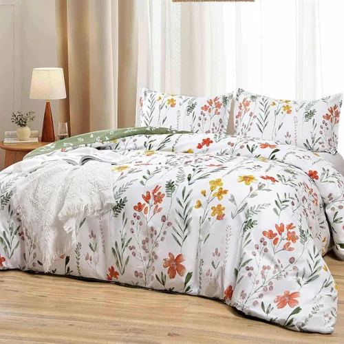 Funda de Edredón Floral Tamaño King - Flores Blancas Amarillas y Hojas Verdes Primavera Botánica Estampada Juego de Funda de Edredón de Microfibra -