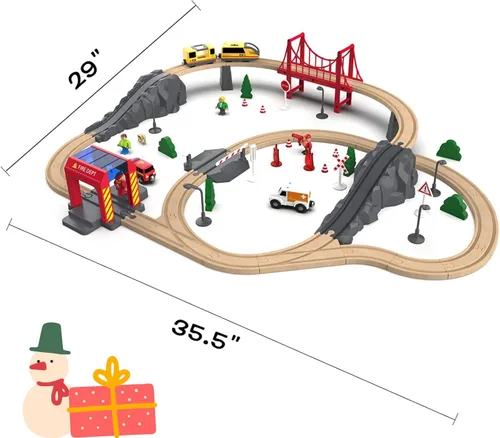Miniatura 9 de Giant bean Juego de Tren Eléctrico de Vía de Madera de Estación de Bomberos de 72 Piezas, Kits de Juguete Ferroviario Empaquetados como Regalo