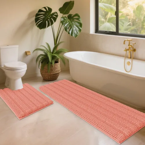 Miniatura 25 de ACCUMTEK - Juego de alfombras de baño a rayas beige de 3 piezas, ultrasuaves, antideslizantes de chenilla, alfombras de baño mullidas y absorbentes