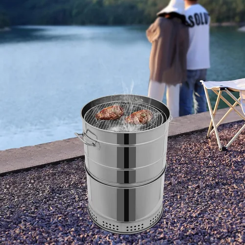 Miniatura 6 de Parrillas de carbón portátiles grandes, acero inoxidable de 360°, sin humo, parrilla grande sin humo, barril de barbacoa sin humo con múltiples