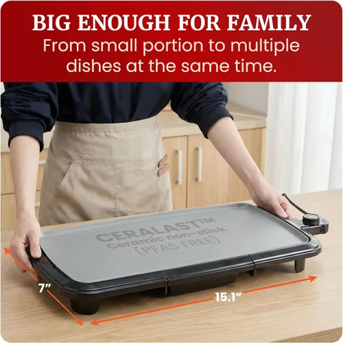 Miniatura 3 de Elite Gourmet Plancha eléctrica de 10 x 20 pulgadas, superficie antiadherente Ceralast™ de cerámica grande sin PFAS, asas de tacto frío, termostato