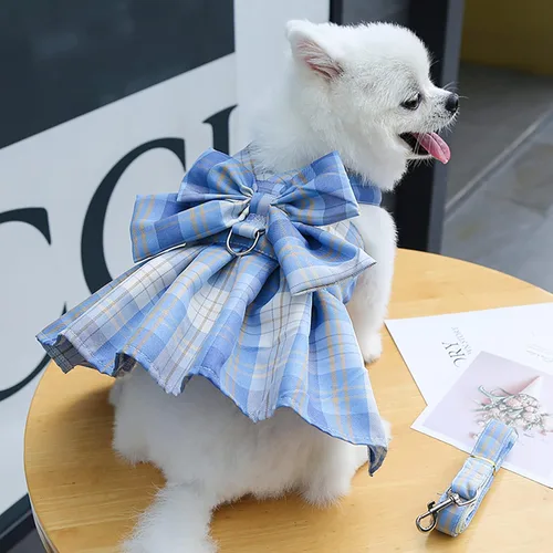 Miniatura 3 de PETCARE Vestido de Perro a Cuadros con Corbata de Moño y Arnés Correa para Perros Pequeños, Gatos, Niñas, Lindos Vestidos de Princesa para Perros