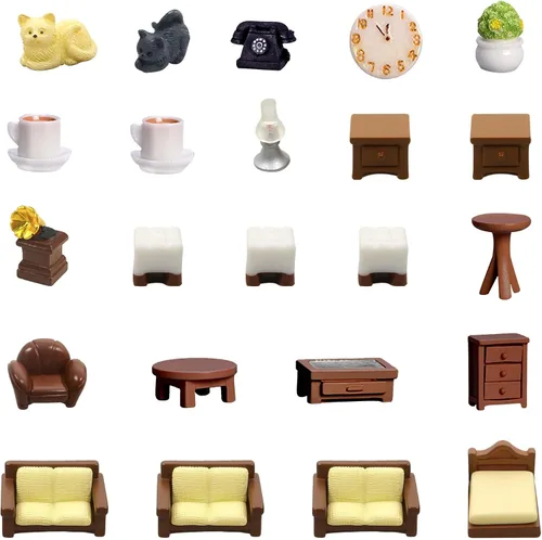 Miniatura 2 de Kit de 23 piezas de mini muebles marrones para casa de muñecas, accesorios de decoración DIY que incluyen juego de comedor, sala de estar