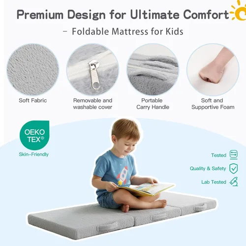 Miniatura 4 de Tiita Colchón de suelo plegable para niños, futón de felpa o tapete de suelo con bolsa de almacenamiento, tapete para siesta de piso para niños